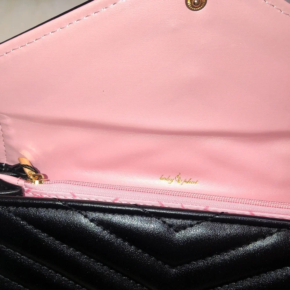 Baby Phat Black Faux Leather Quilted Chevron Flap Clutch Wallet Cat Logo NWT